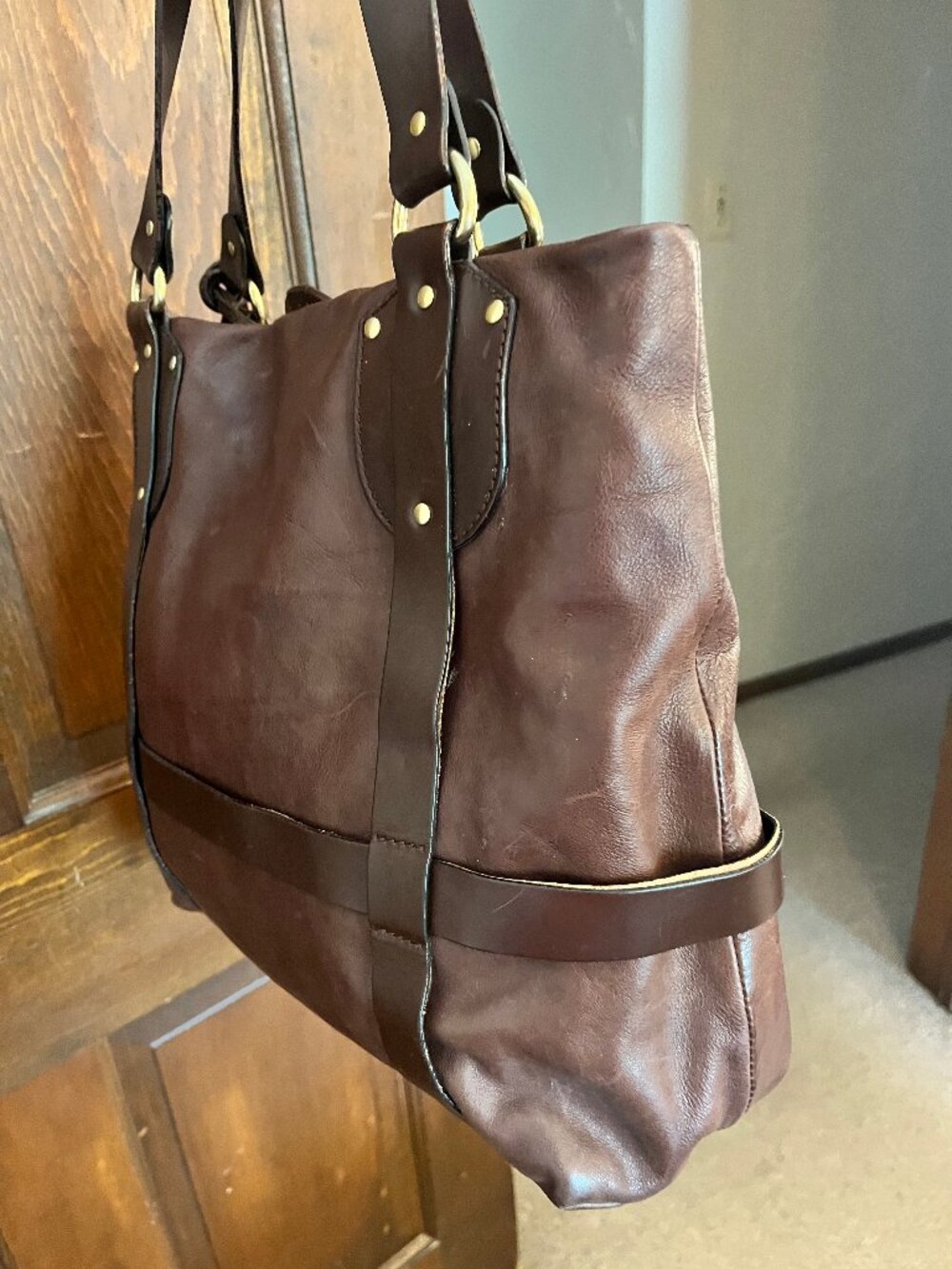 Dark Brown Leather Satchel with Horse and Horseshoe Charms - Picture 5 of 13